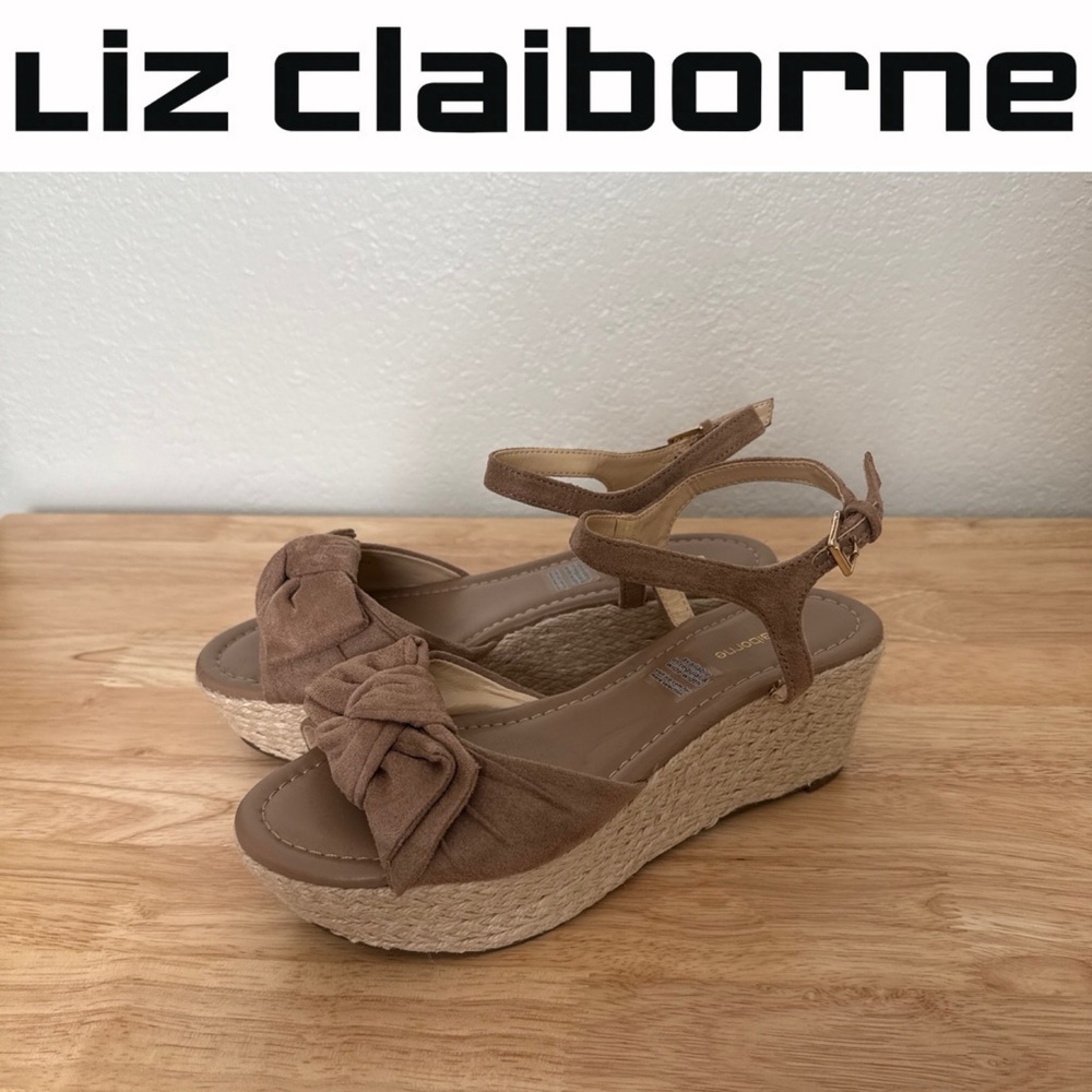 LIZ CLAIBORNE Tan Nude Peep Toe Platform Wedge SANDALS With Bow Size 7M